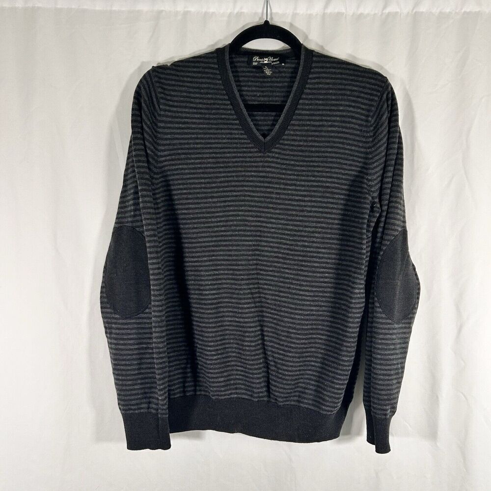 Pronto Uomo Wool Blend Sweater Men's Large Black Grey Striped Vneck Elbow Pads